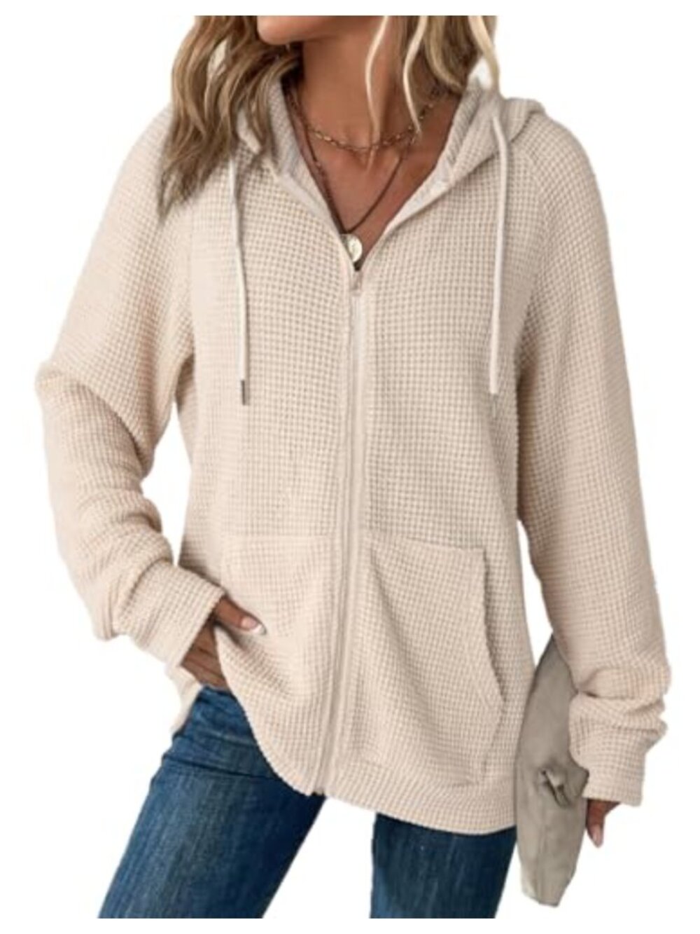 Waffle Knit Full Zip Hoodie Long Sleeve Sweatshirt with Pockets